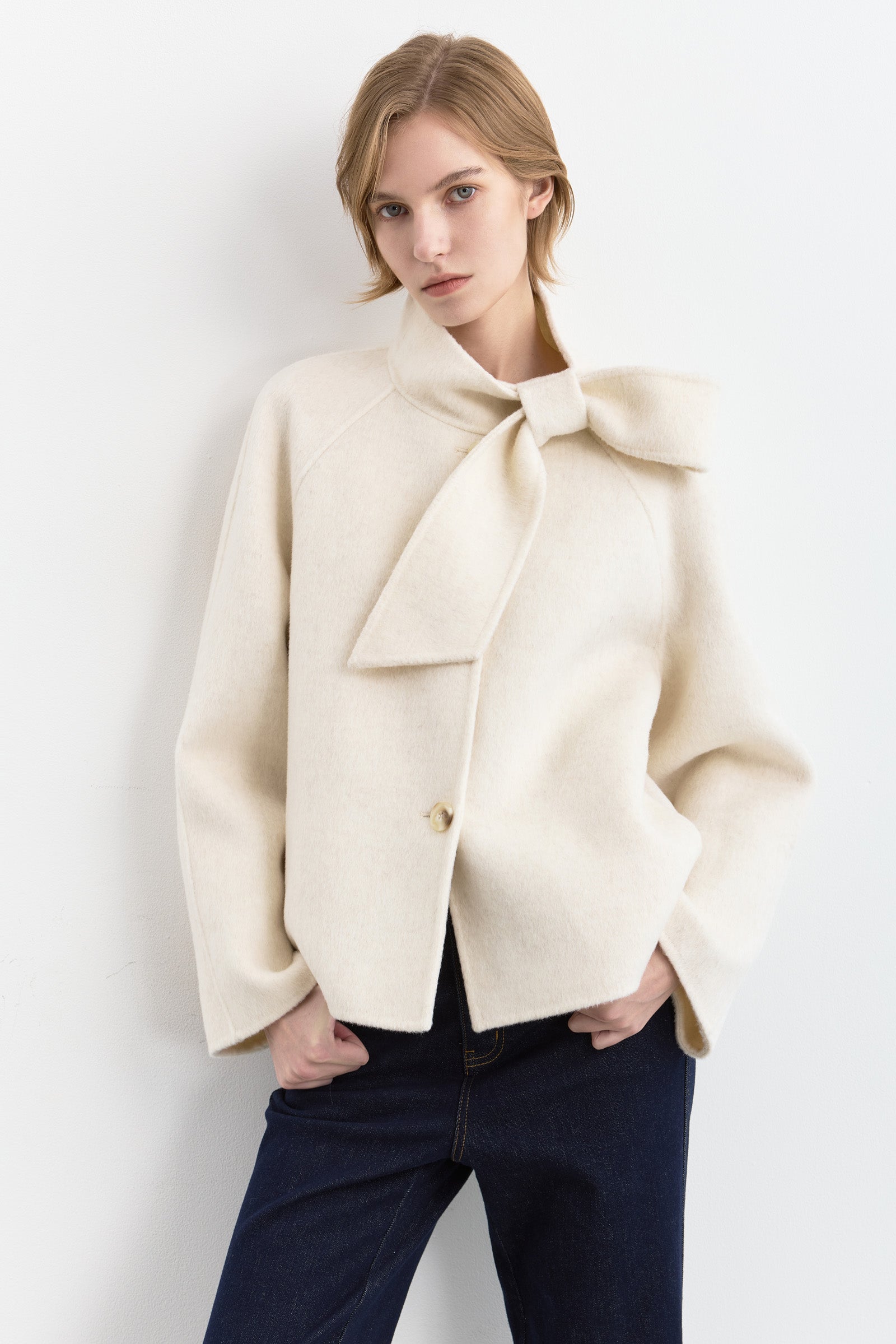 LILY Bow-Tie Stand-Collar Double-Faced Wool Coat by LILY STUDIO