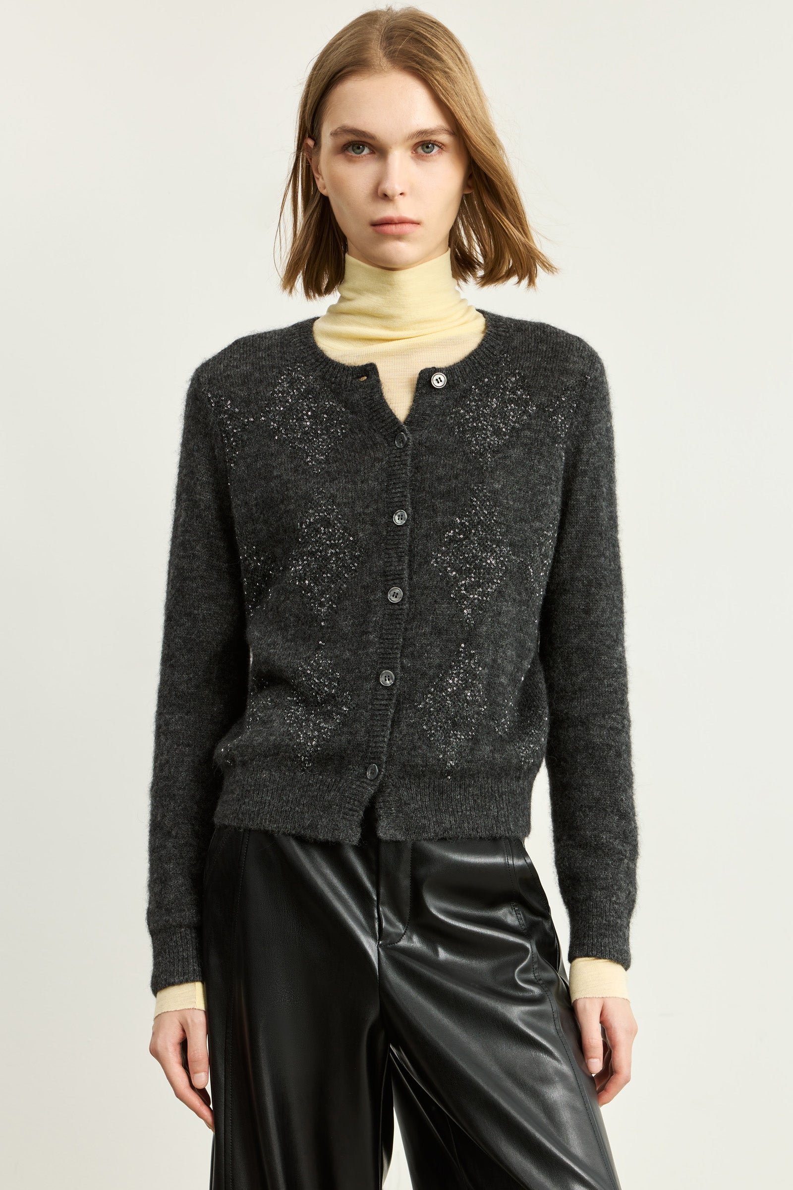 LILY Cropped Sequin Argyle Alpaca-Blend Cardigan, view 2