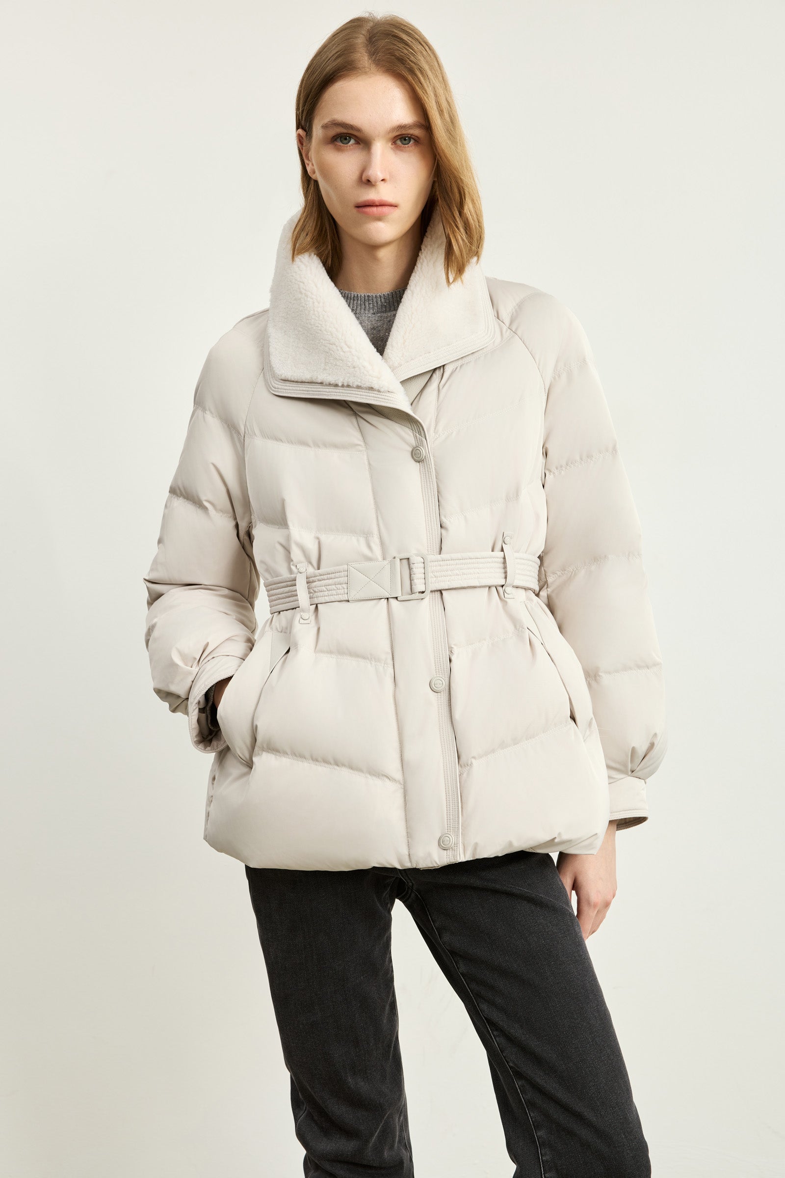 LILY Fitted Faux-Leather Plush-Collar Down Jacket by LILY STUDIO