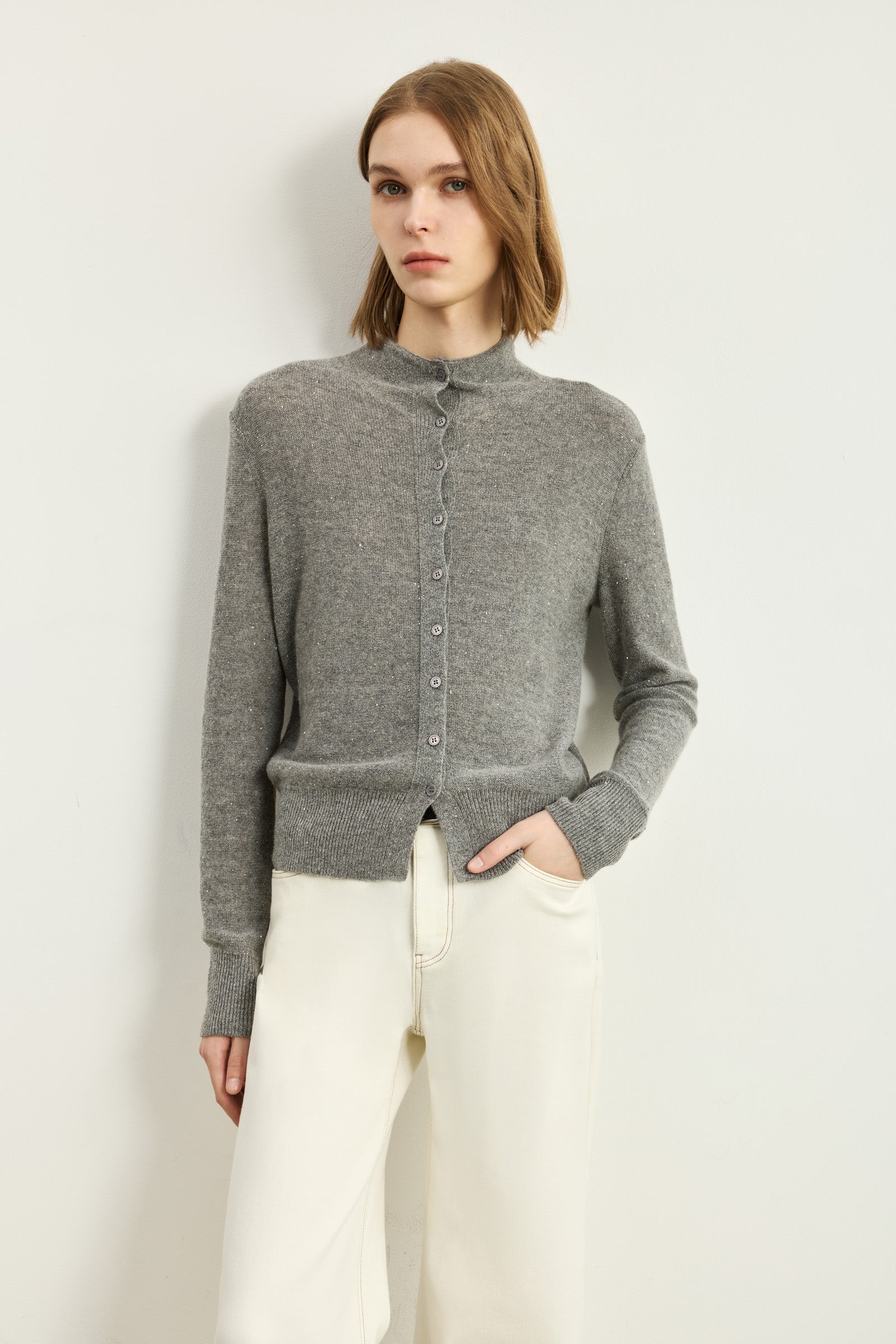LILY Fitted Mock-Neck Wool-Blend Cardigan, view 2