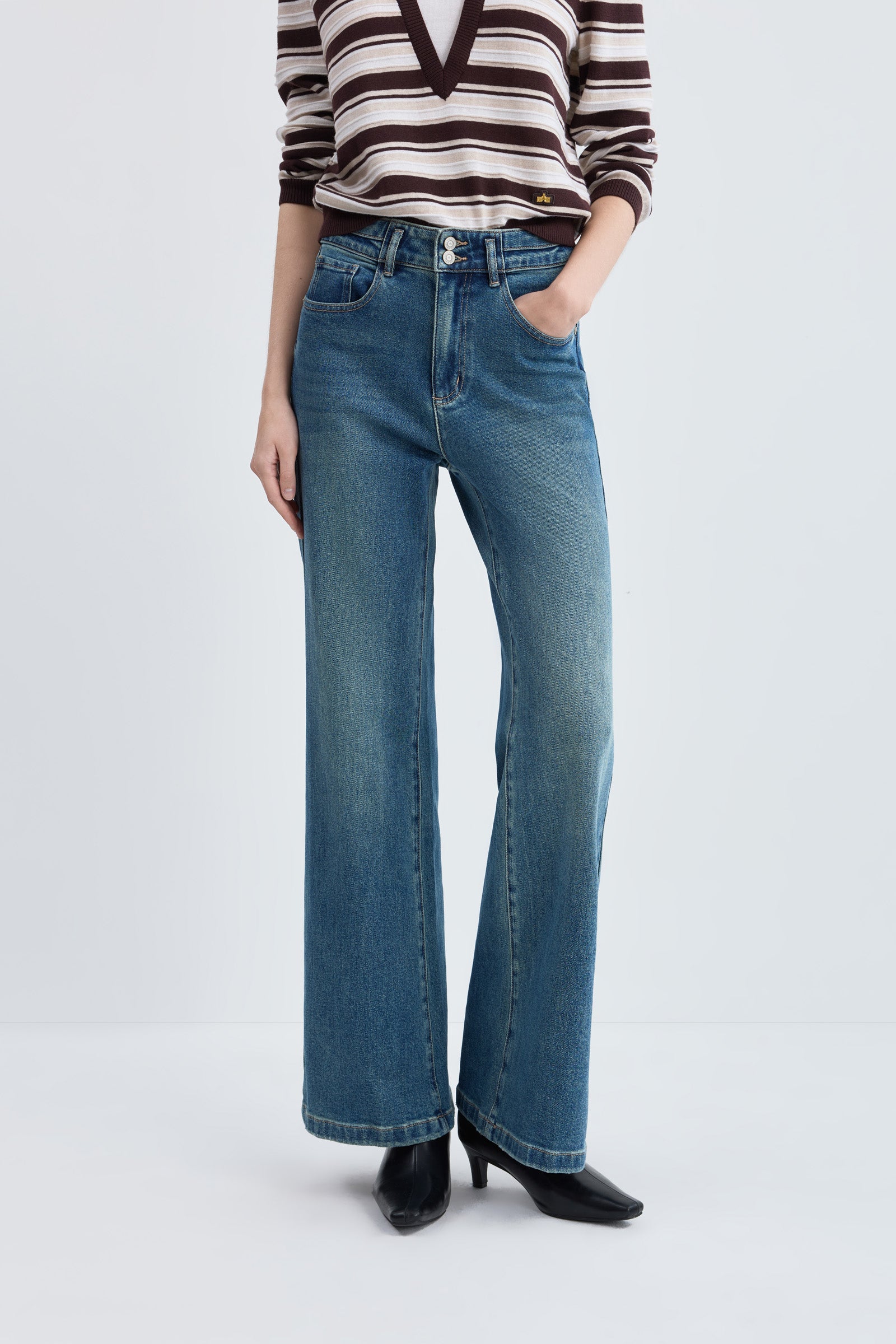 LILY High-Waisted Washed Kick-Flare Jeans by LILY STUDIO