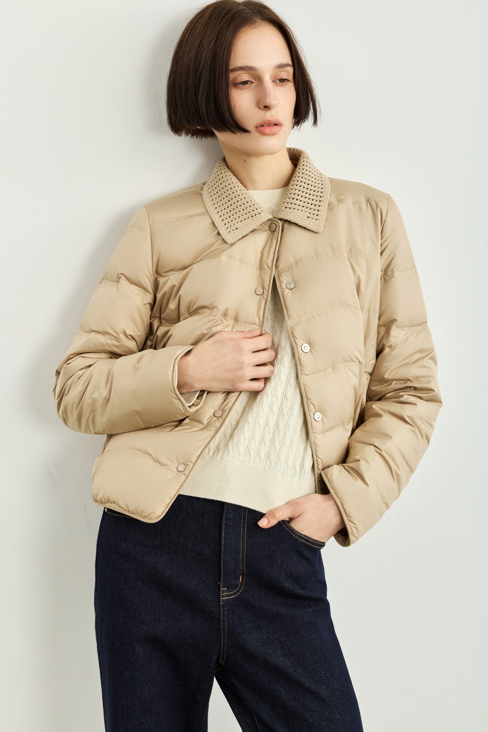 LILY Knit-Panel Collared Lightweight Down Jacket by LILY STUDIO
