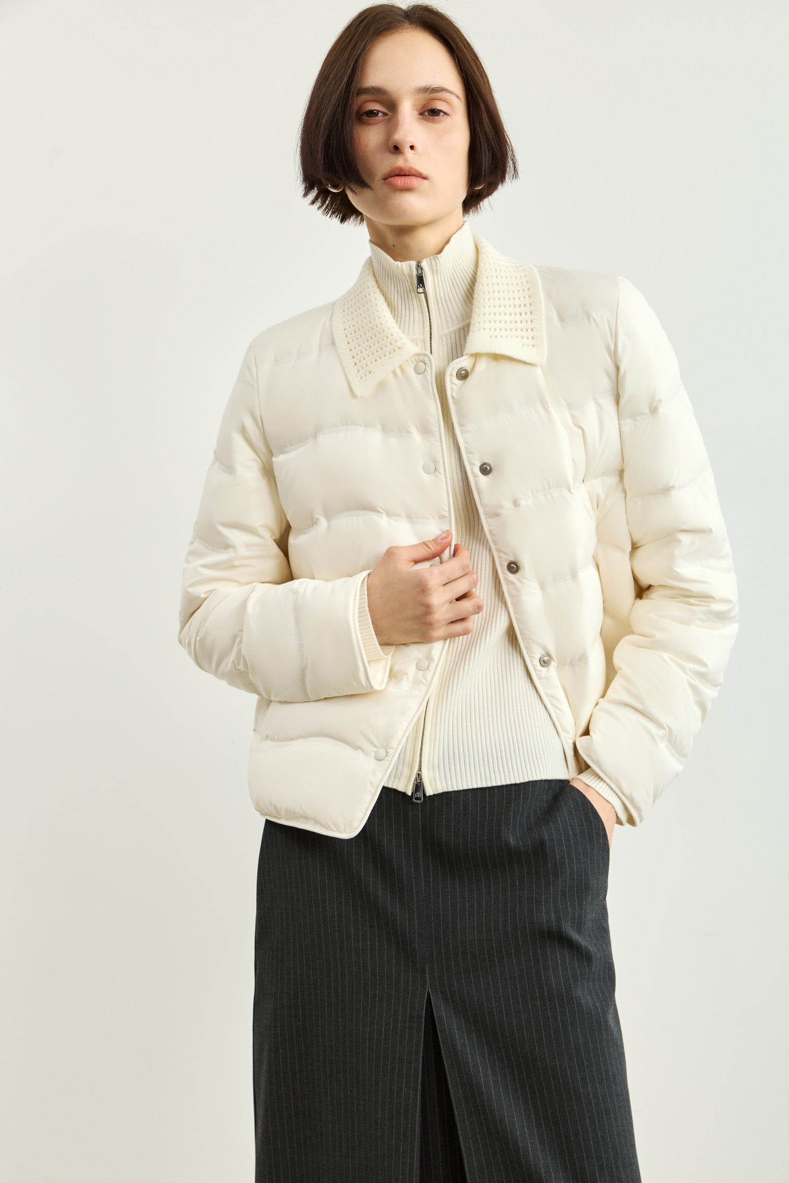 LILY Knit-Panel Collared Lightweight Down Jacket, view 2
