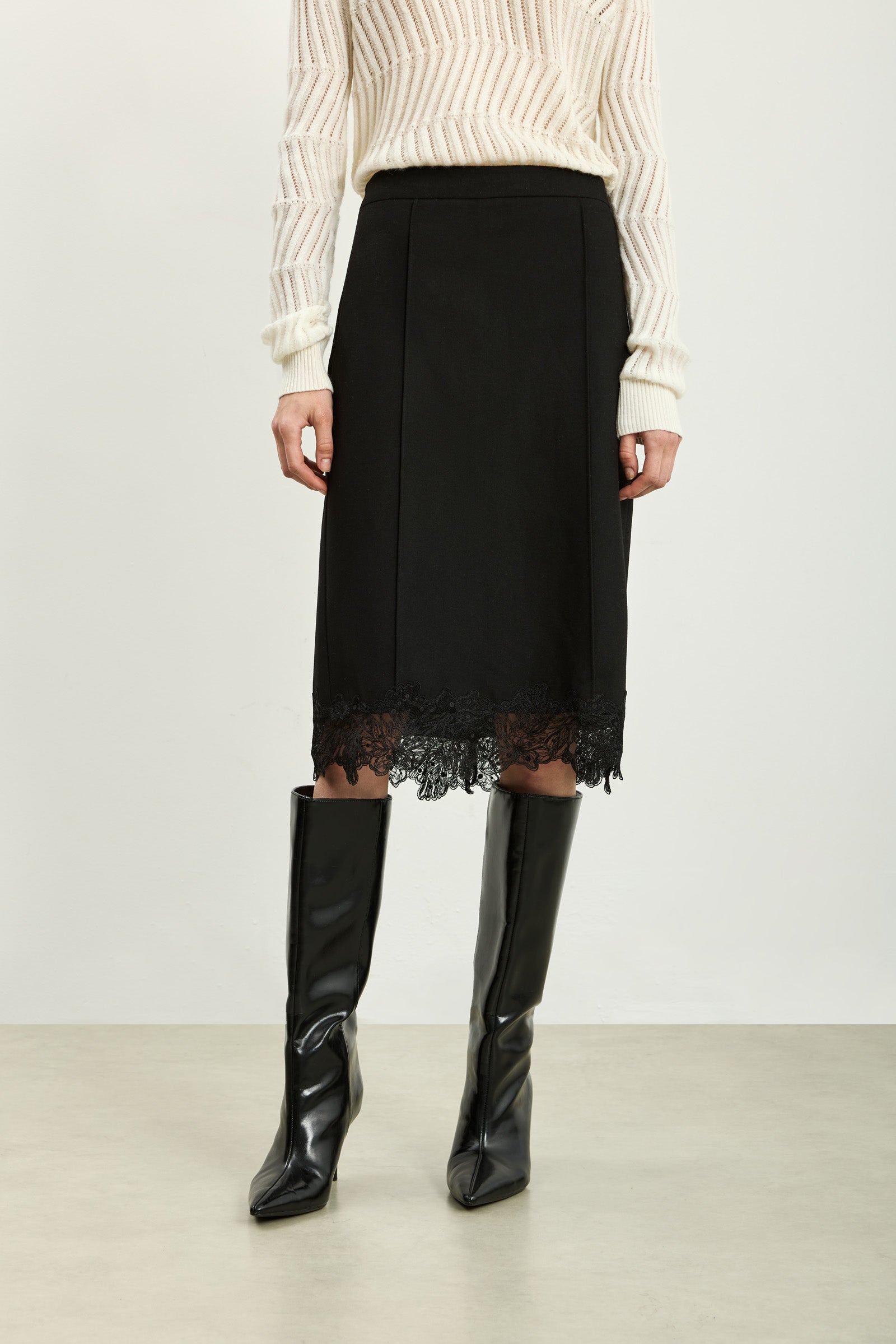 LILY Lace-Panel Straight Midi Skirt by LILY STUDIO
