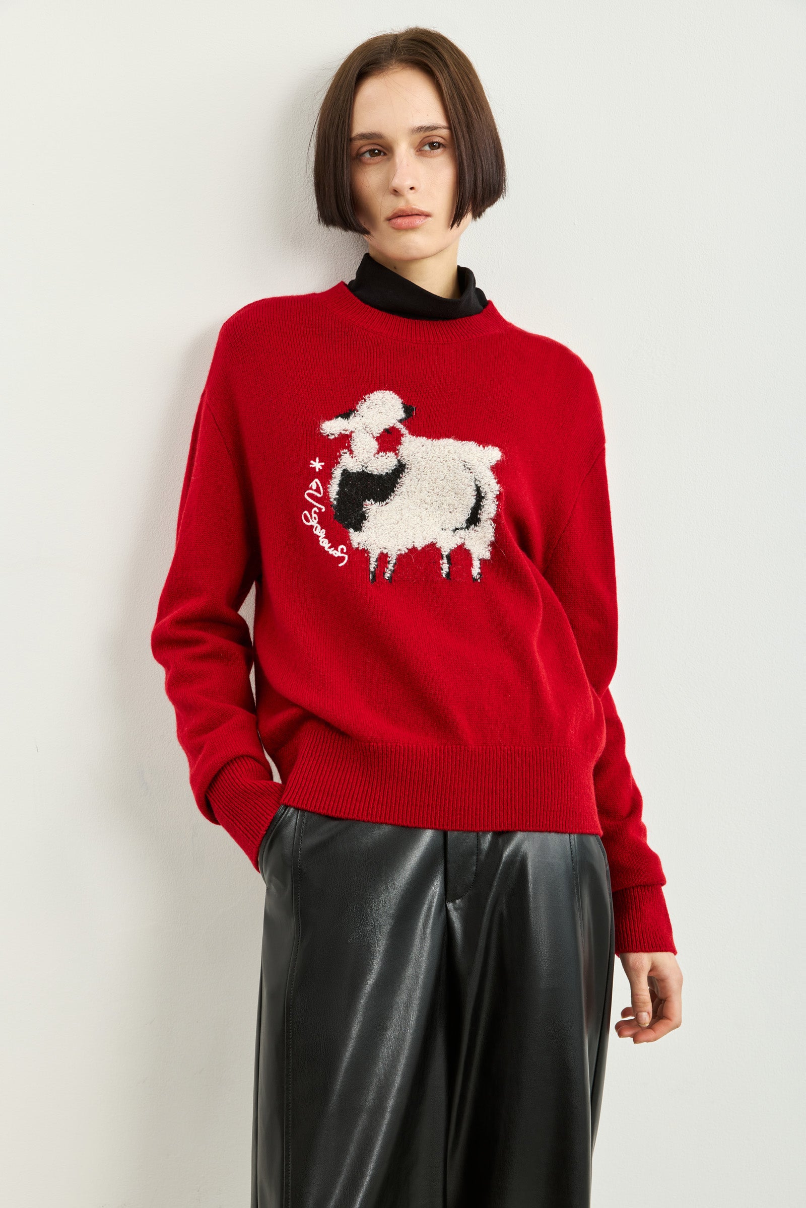LILY Lamb-Embroidered Wool Crewneck Sweater, view 3
