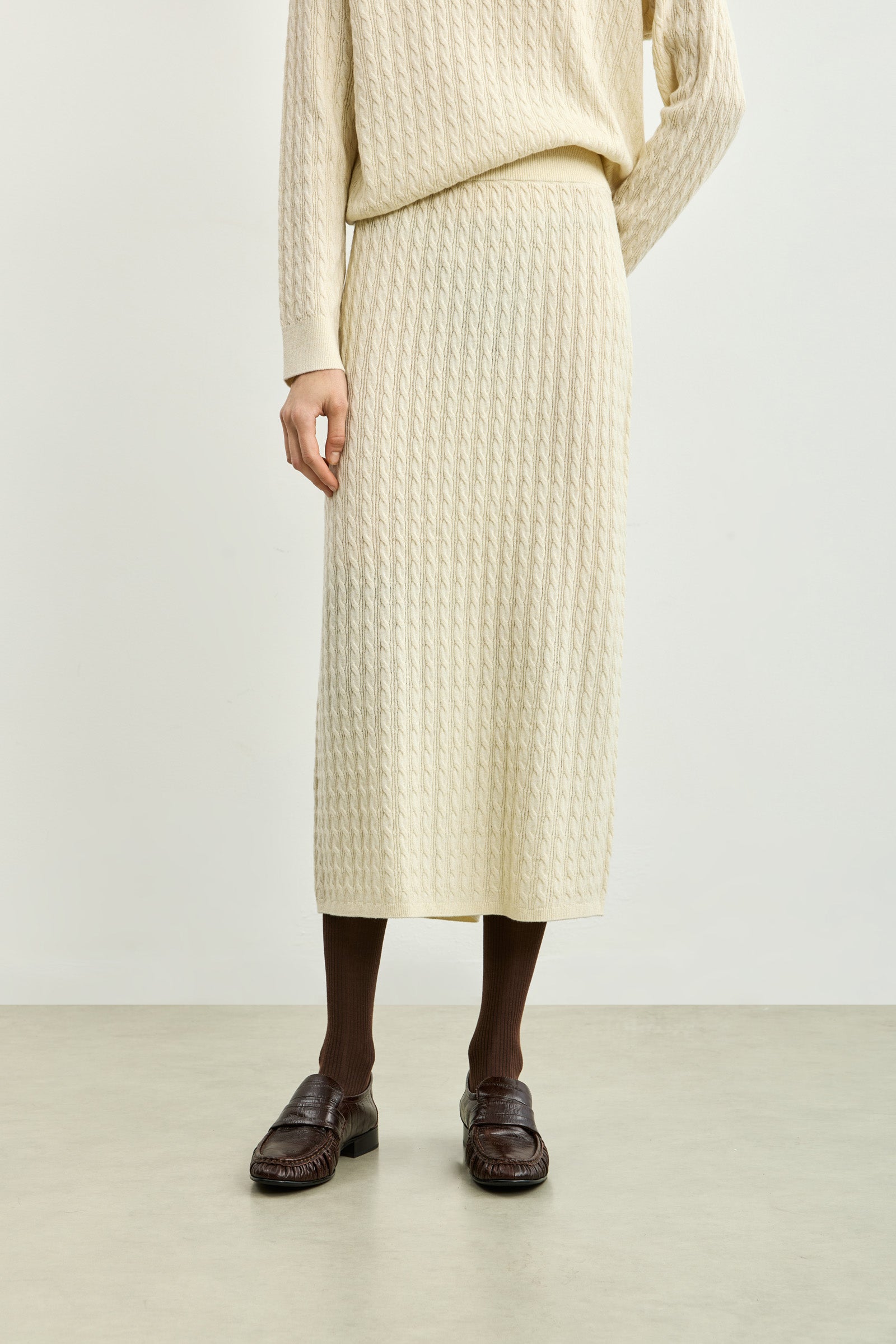 LILY Plaid Cable-Knit Wool-Blend Straight Skirt, view 2