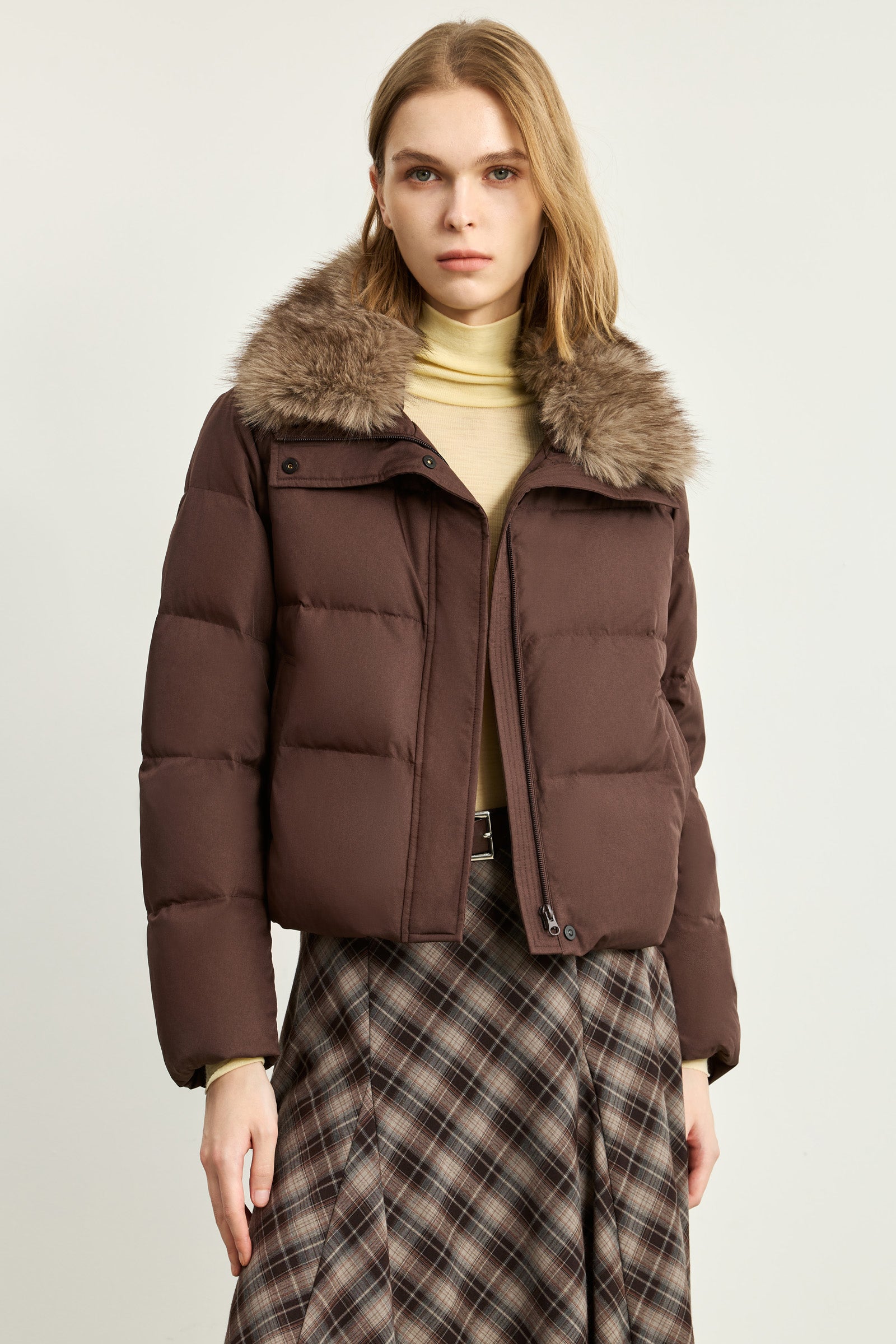 LILY Plush-Collar Cropped Utility Down Jacket, view 2
