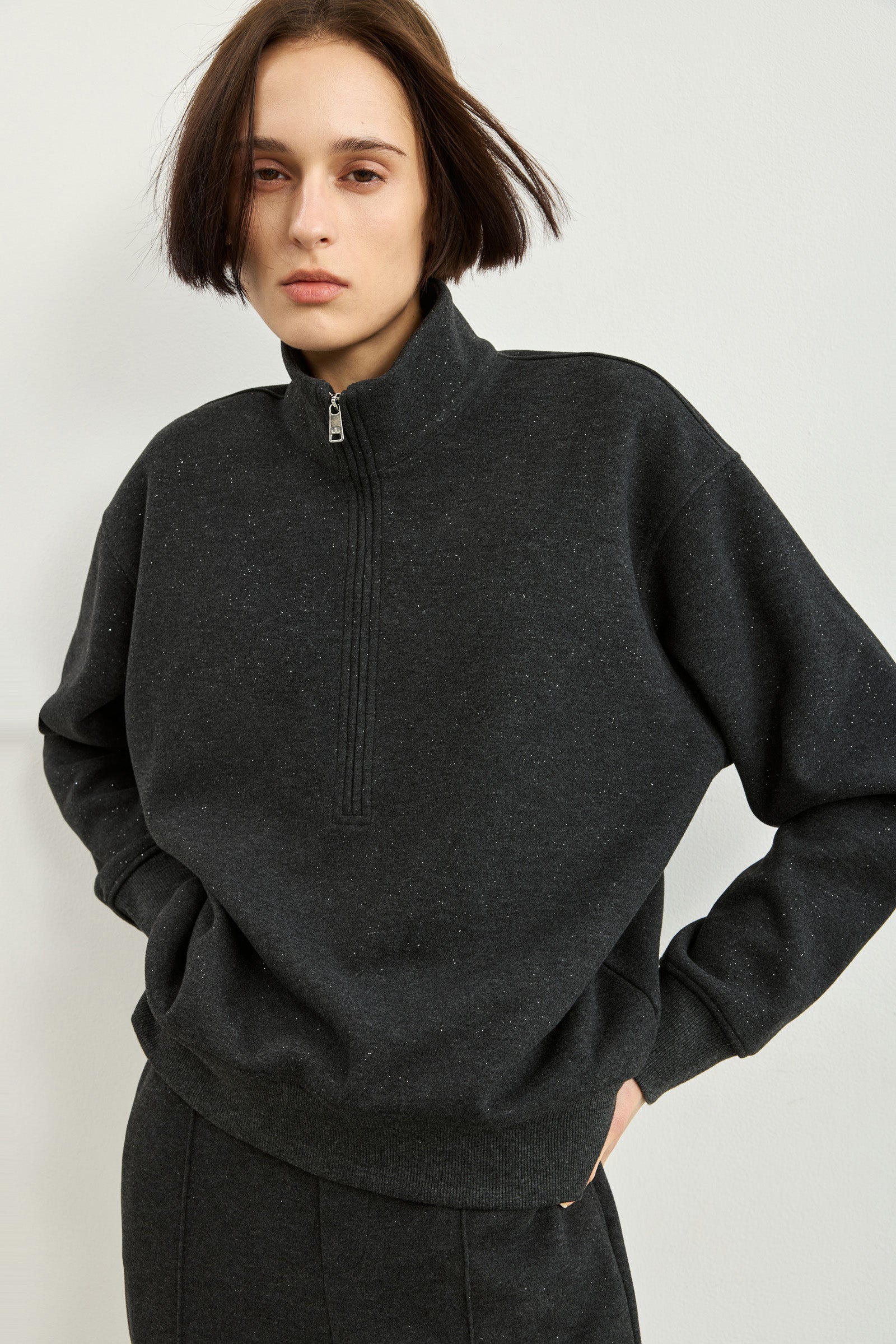 LILY Shimmer Zip-Neck Sweatshirt by LILY STUDIO