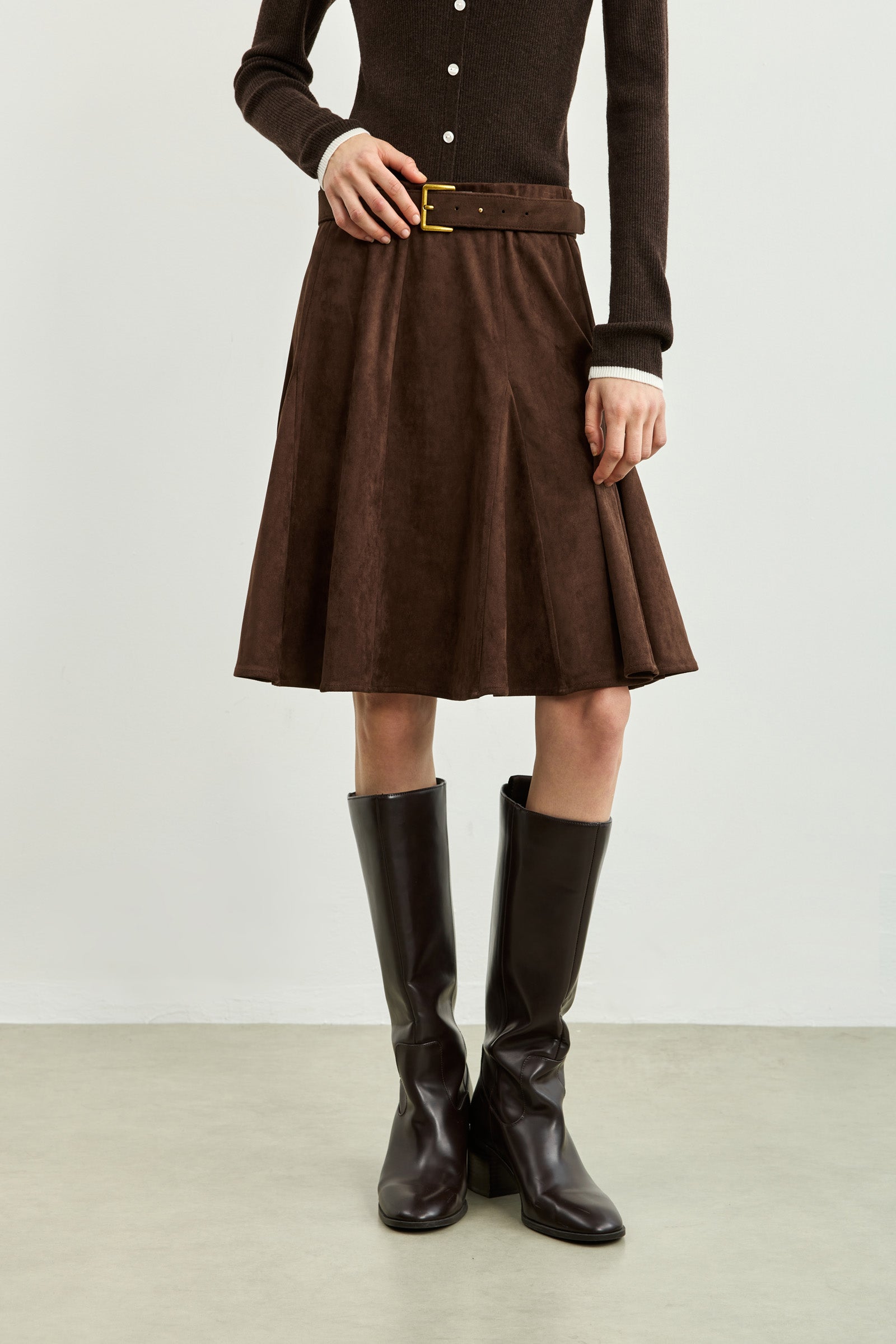 LILY Textured Paneled Flared Midi Skirt by LILY STUDIO