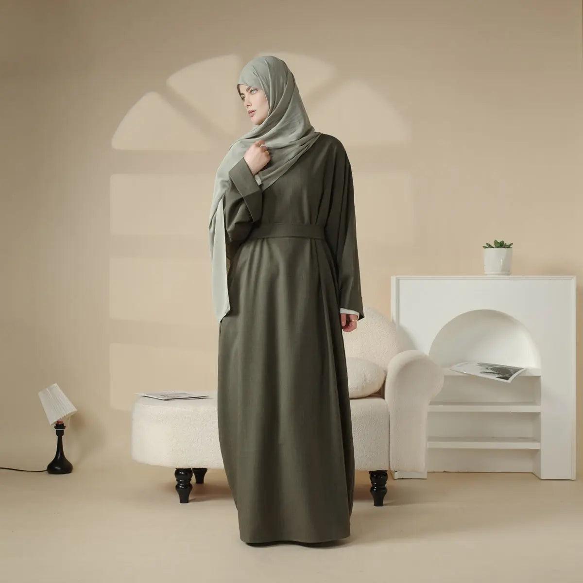 Linen Plain Abaya with Pockets 2-Piece Set (MA043), view 6