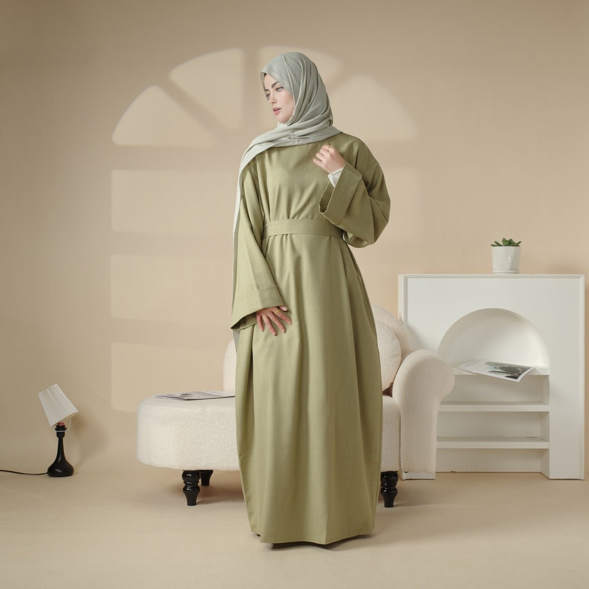 Linen Plain Abaya with Pockets 2-Piece Set (MA043), view 7