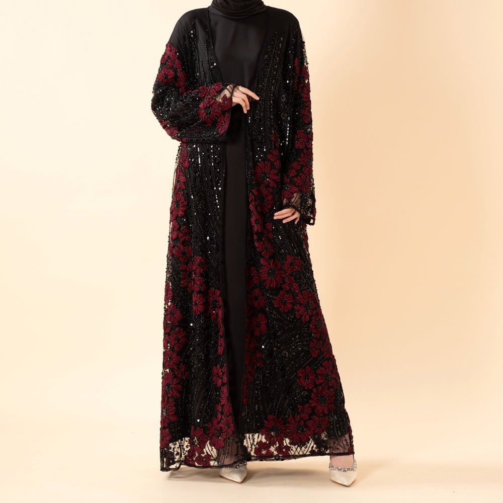 Luxury 3D Floral Beaded Sequin Embroidered Open Abaya for Eid & Wedding (MOA307) by Mariam's Collection