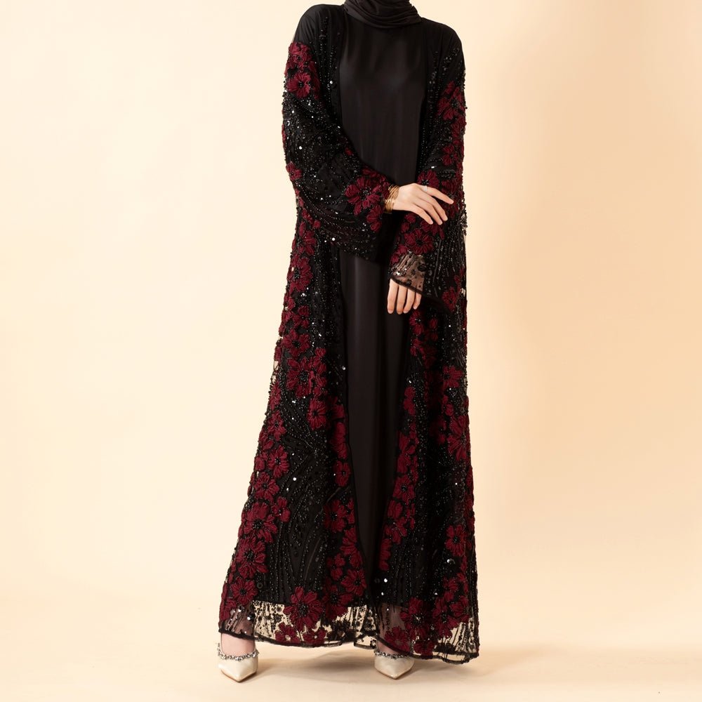 Luxury 3D Floral Beaded Sequin Embroidered Open Abaya for Eid & Wedding (MOA307), view 2