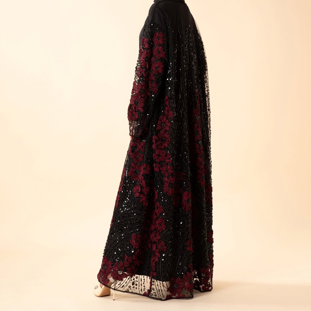 Luxury 3D Floral Beaded Sequin Embroidered Open Abaya for Eid & Wedding (MOA307), view 3