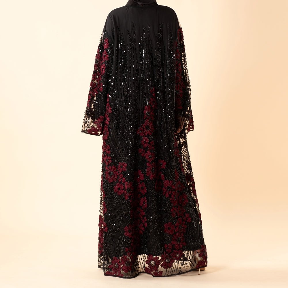 Luxury 3D Floral Beaded Sequin Embroidered Open Abaya for Eid & Wedding (MOA307), view 4