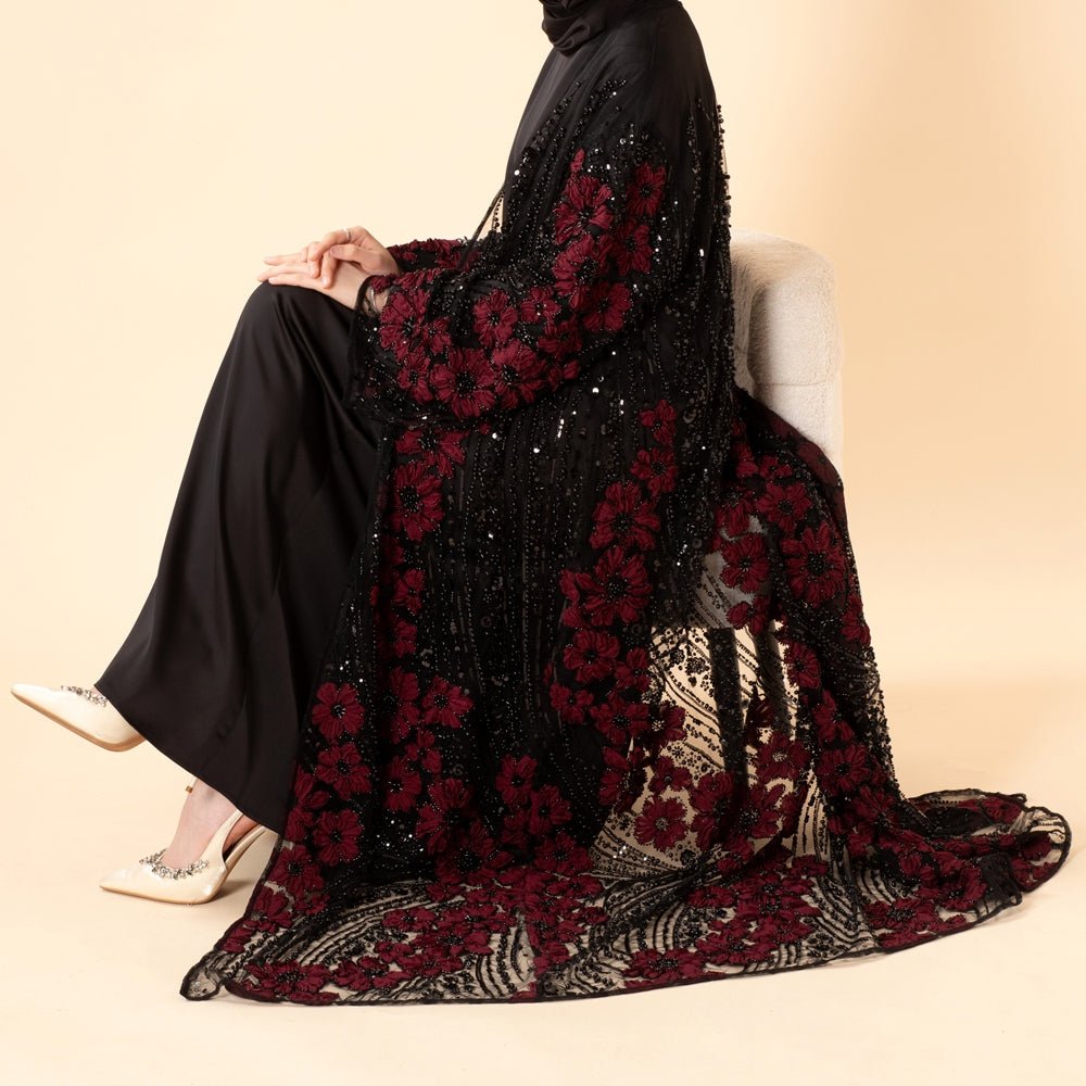 Luxury 3D Floral Beaded Sequin Embroidered Open Abaya for Eid & Wedding (MOA307), view 5