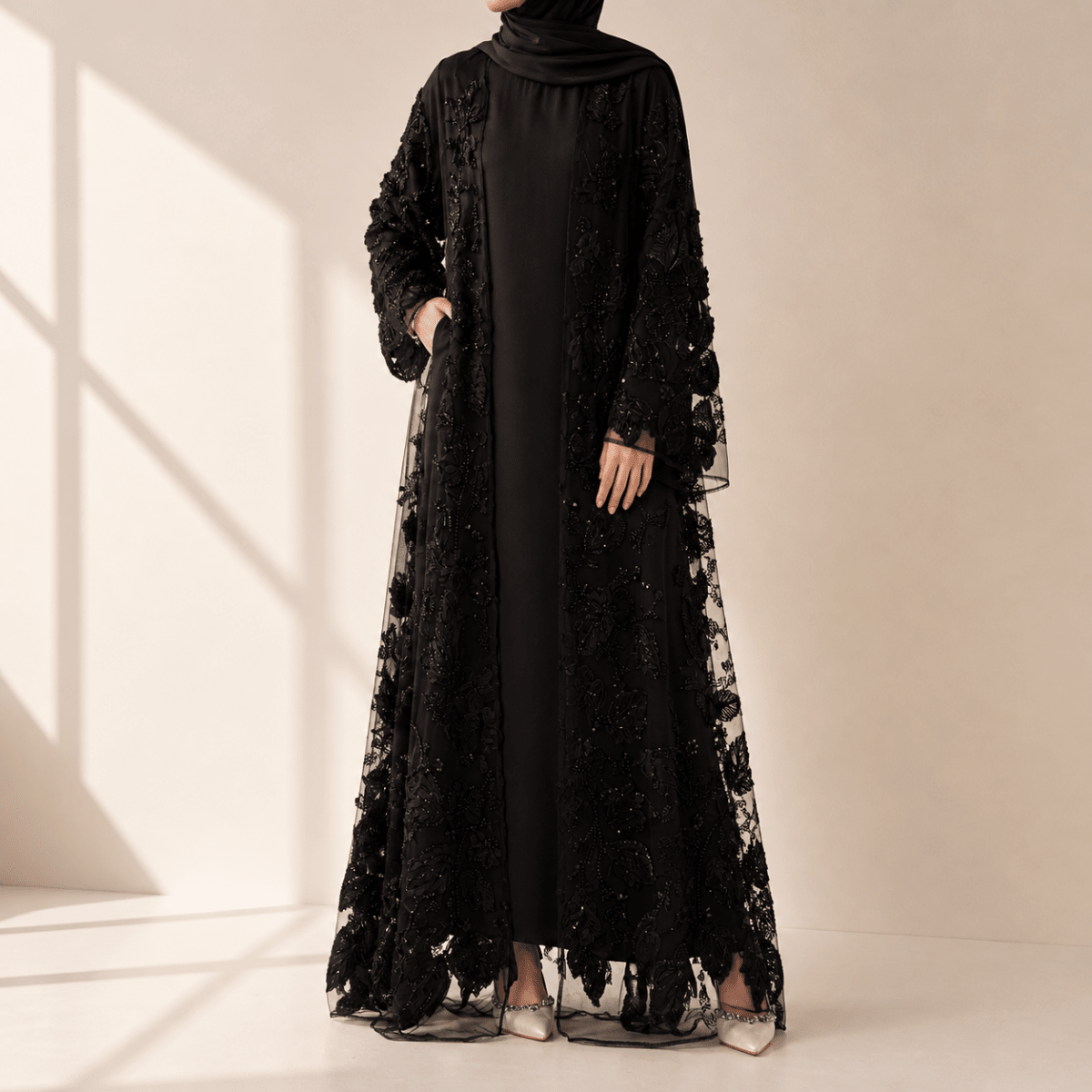Luxury Couture 3D Floral Embellished Open Abaya(MOA300), view 3