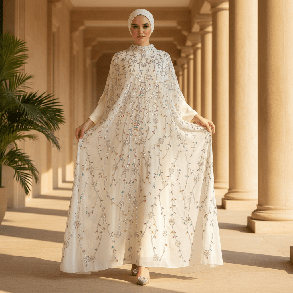 Luxury Crystal Embellished Cape Abaya Set with Inner Dress (MA390), view 3