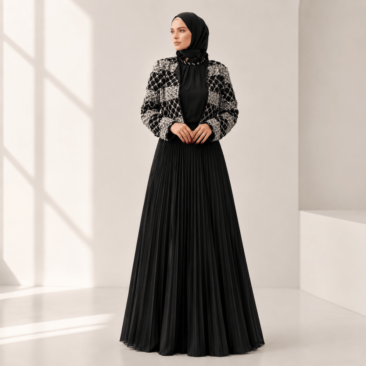Luxury Pearl Beaded Diamond Grid Jacket & Pleated Dress Set(MS403), view 2