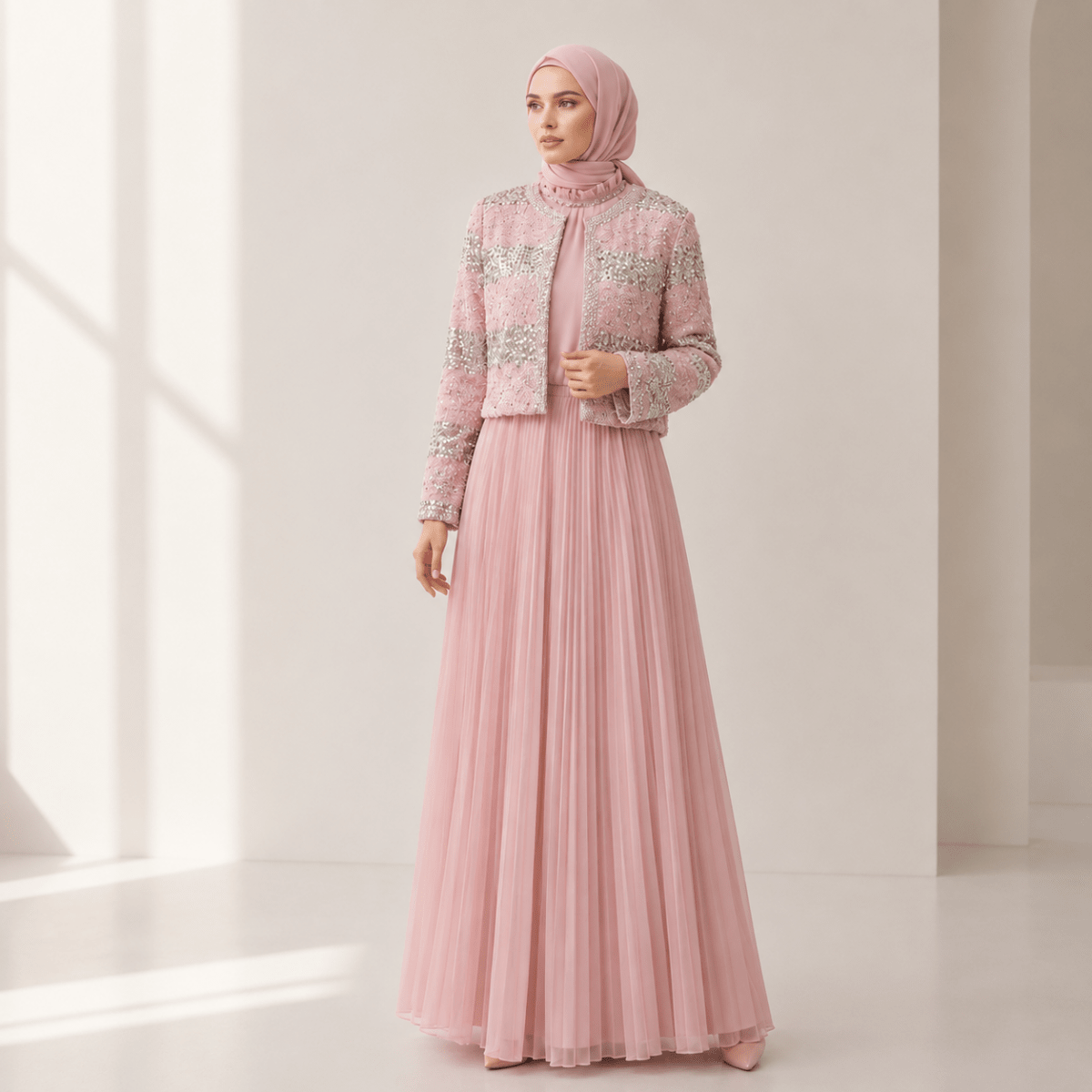 Luxury Pearl Beaded Diamond Grid Jacket & Pleated Dress Set(MS403), view 3