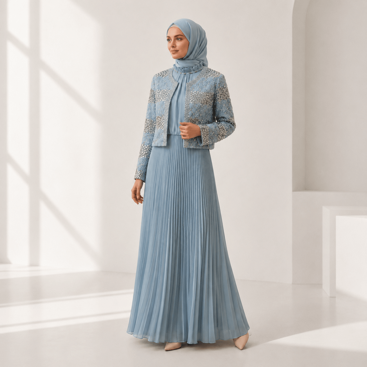 Luxury Pearl Beaded Diamond Grid Jacket & Pleated Dress Set(MS403), view 4