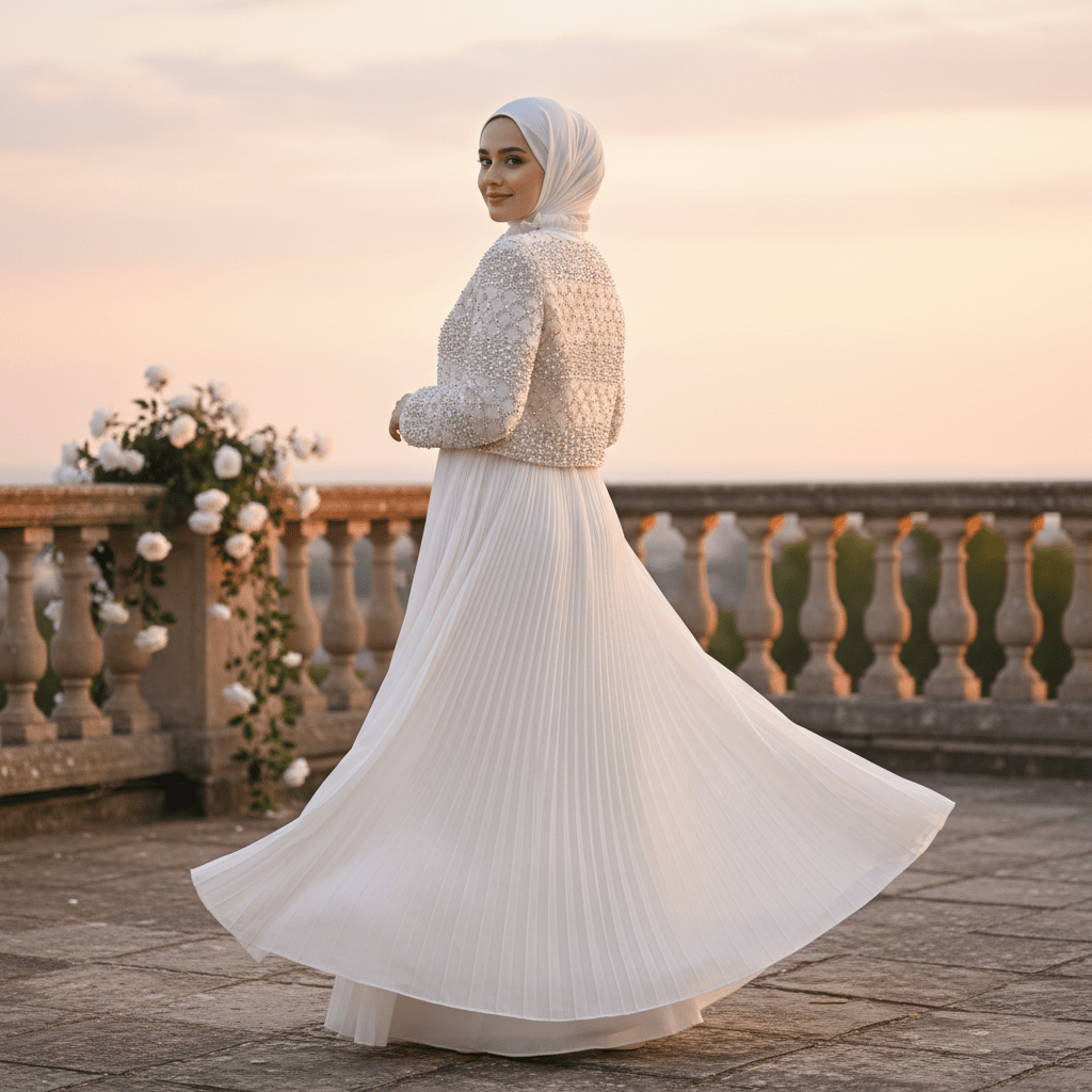 Luxury Pearl Beaded Diamond Grid Jacket & Pleated Dress Set(MS403), view 5