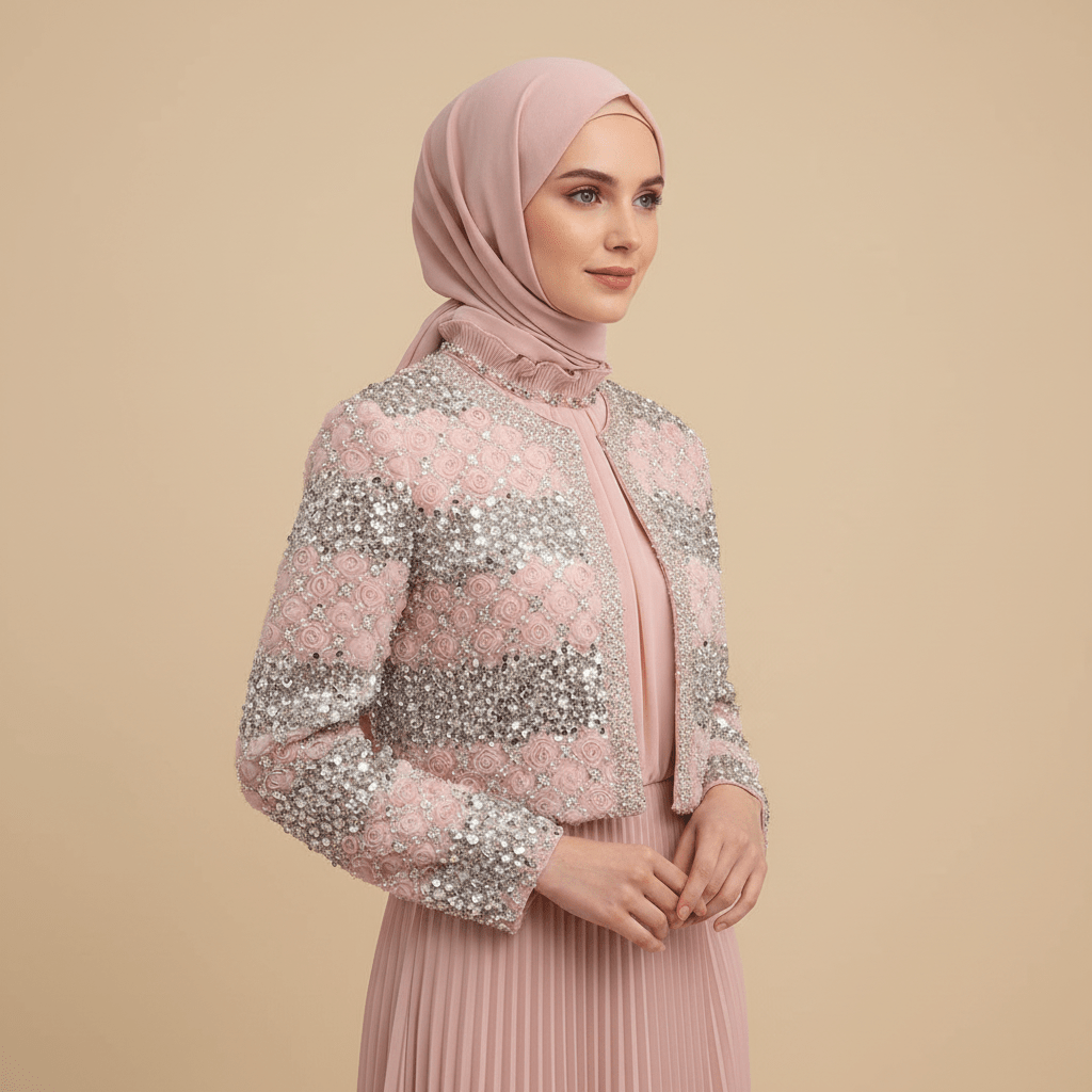 Luxury Pearl Beaded Diamond Grid Jacket & Pleated Dress Set(MS403), view 7