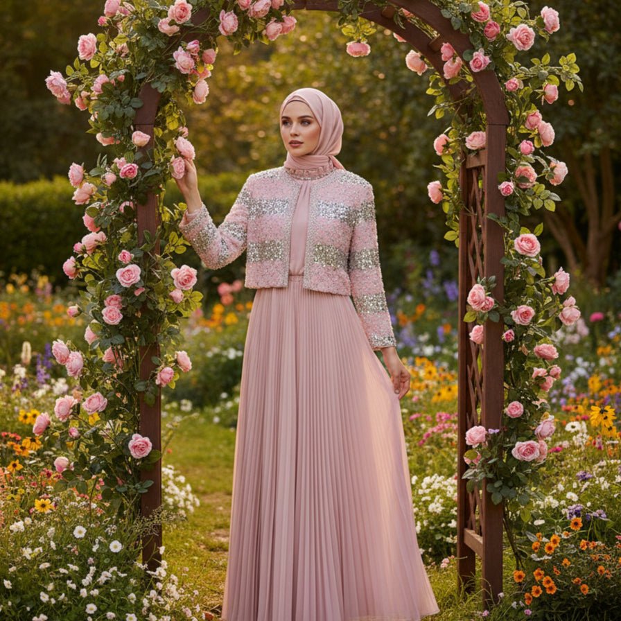 Luxury Pearl Beaded Diamond Grid Jacket & Pleated Dress Set(MS403), view 8