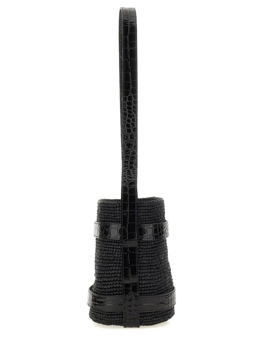 Manebi Natural Raffia Bucket Bag — Black, view 2
