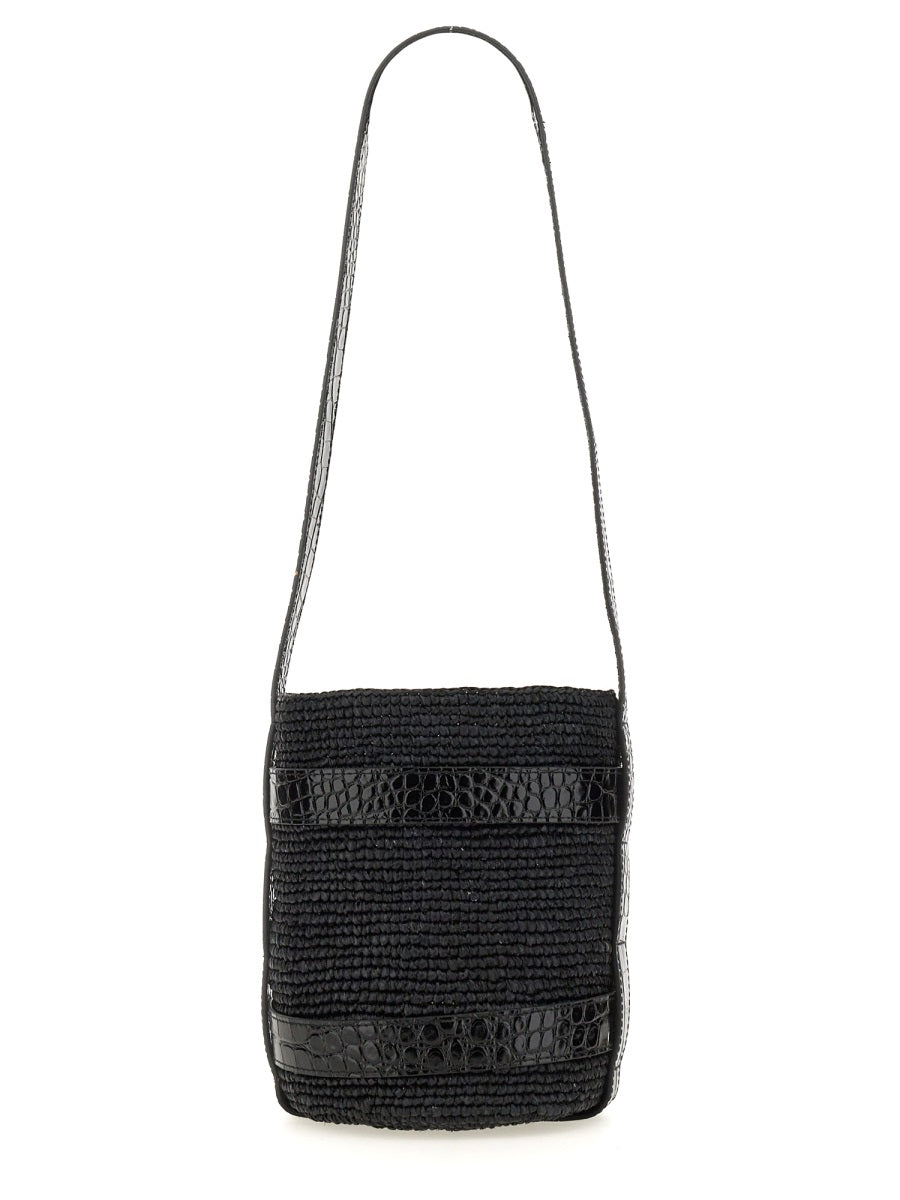 Manebi Natural Raffia Bucket Bag — Black, view 3