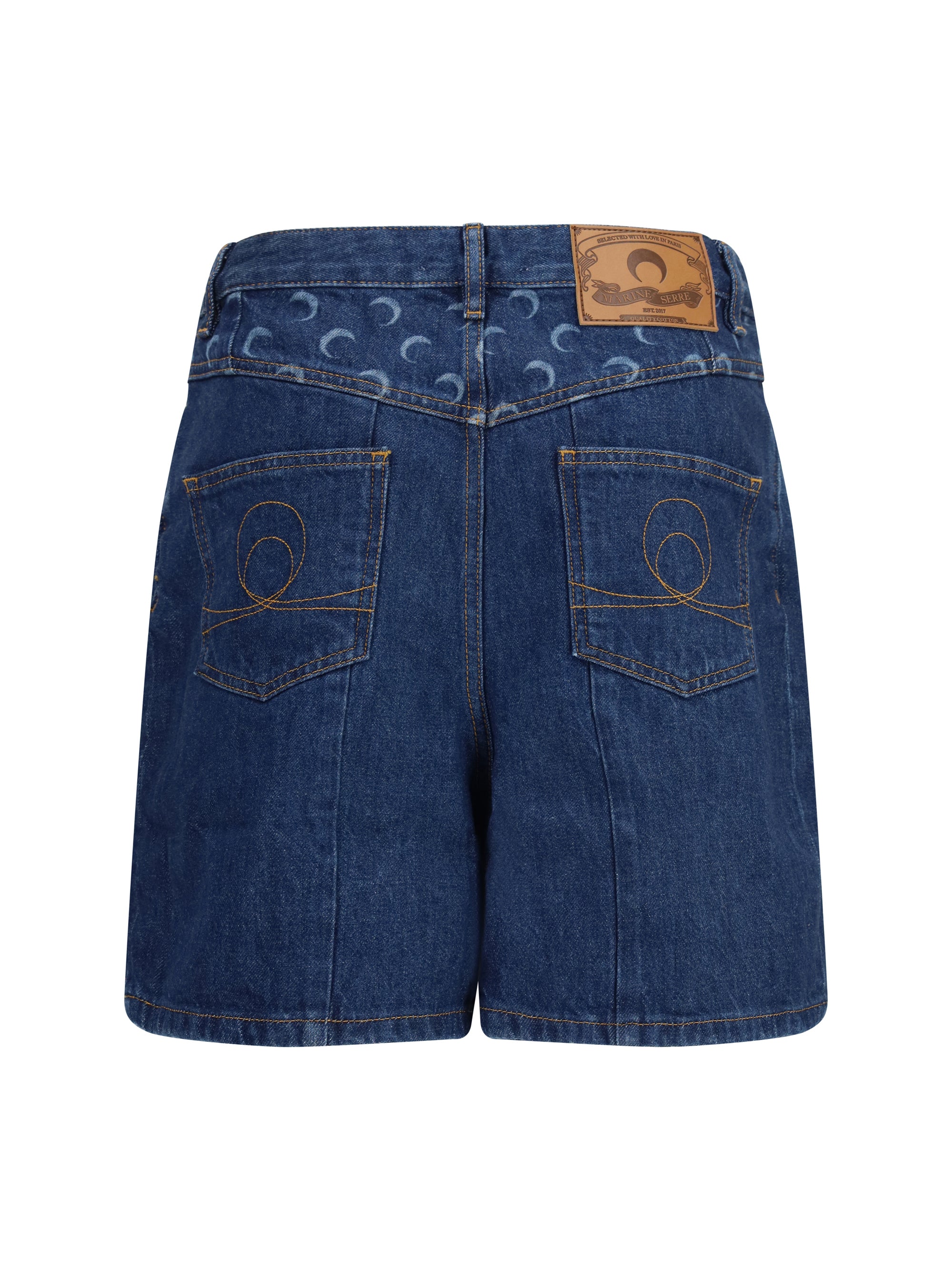 Marine Serre High-Waisted Straight-Leg Denim Shorts — Navy by Marine Serre