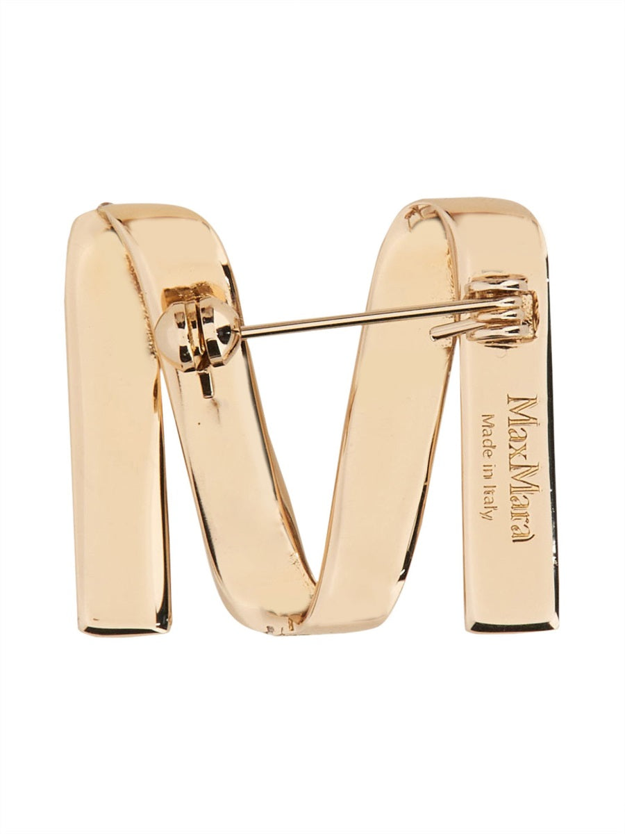 Max Mara Logo Polished Gold Metal Brooch — Gold, view 2
