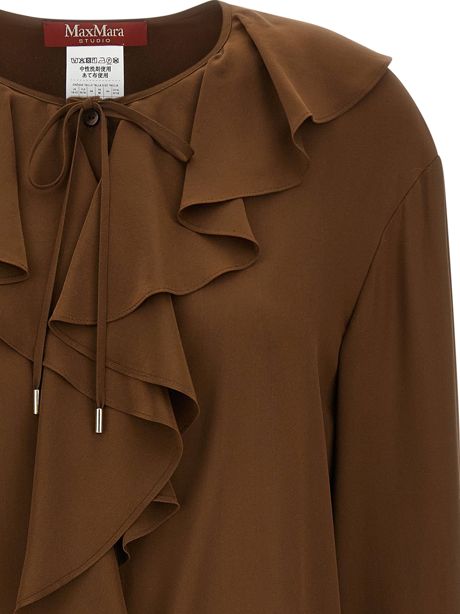 Max Mara Studio Ruffled Silk Crêpe Blouse — Brown, view 3