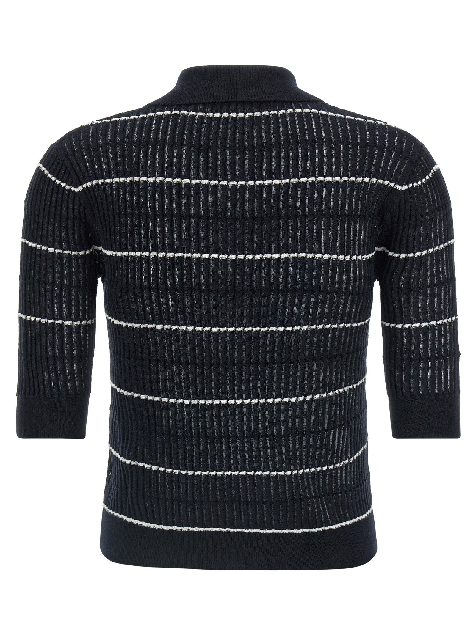 Max Mara Studio Striped Wool-Silk Polo Shirt — Black, view 2