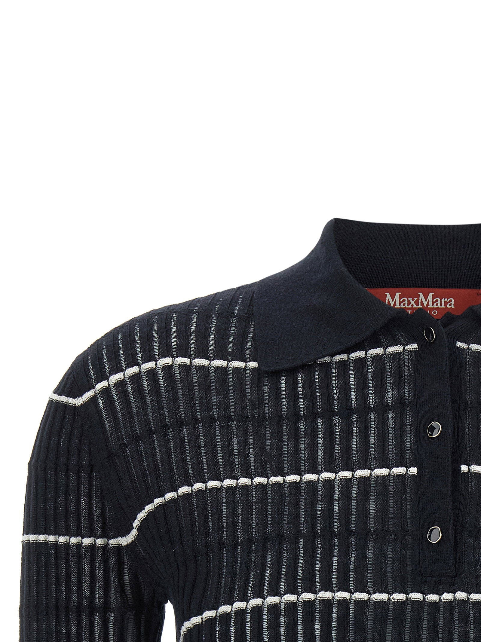 Max Mara Studio Striped Wool-Silk Polo Shirt — Black, view 3