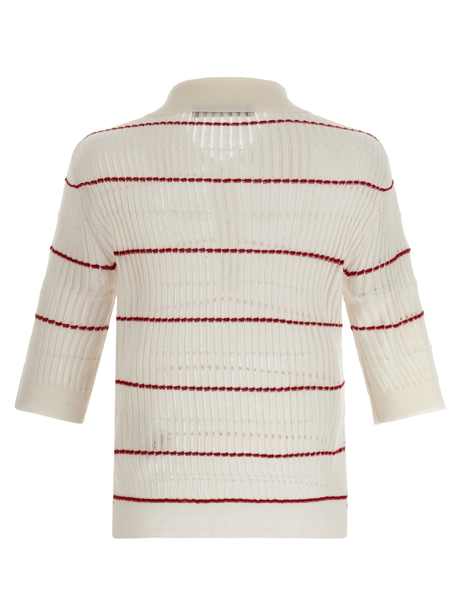 Max Mara Studio Striped Silk-Wool Blend Polo Shirt — Cream, view 2