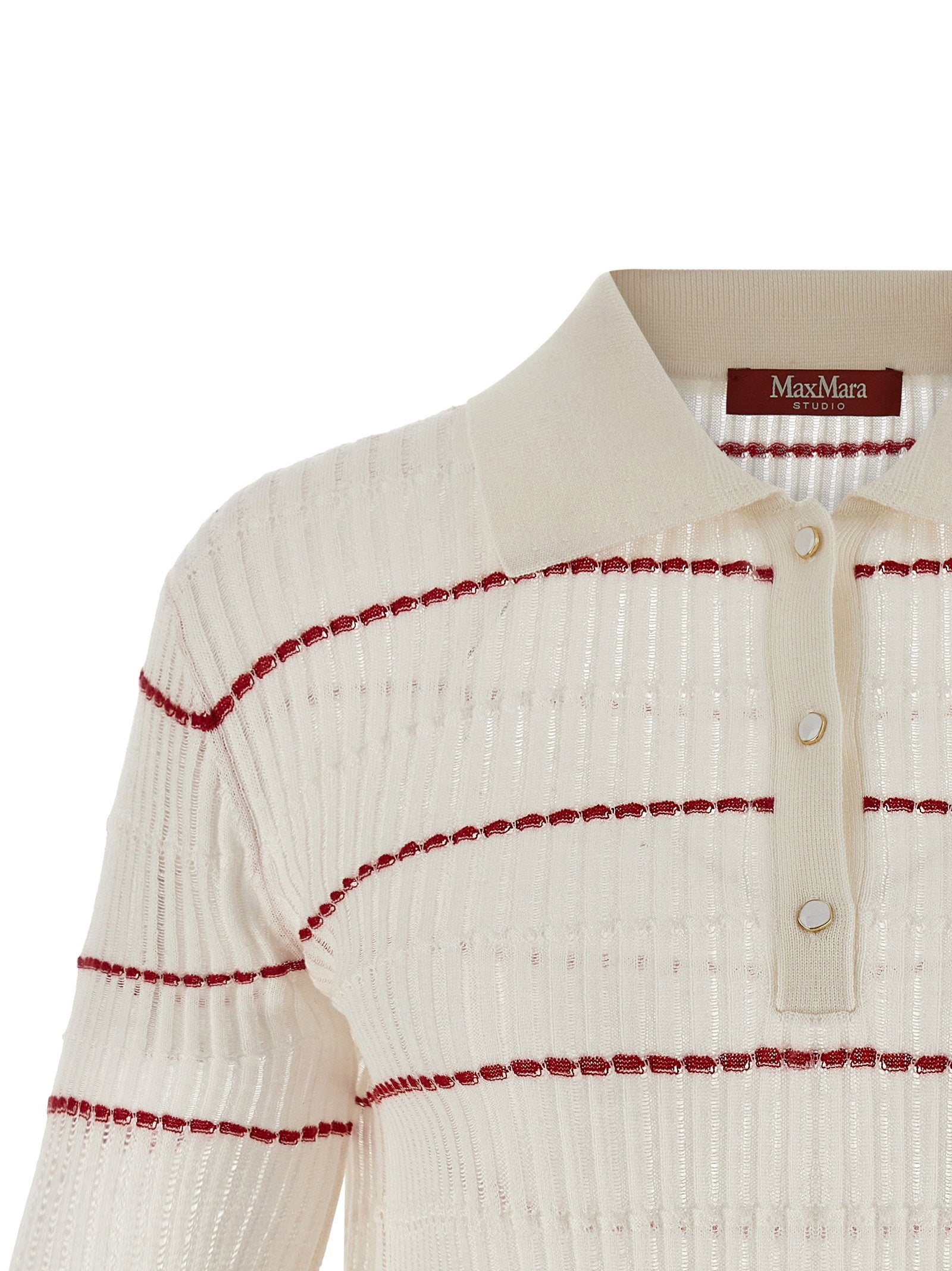 Max Mara Studio Striped Silk-Wool Blend Polo Shirt — Cream, view 3