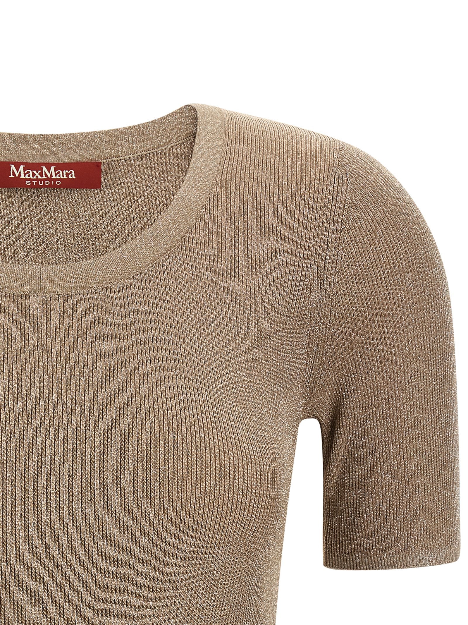 Max Mara Studio Ribbed Metallic-Finish T-Shirt — Beige, view 3