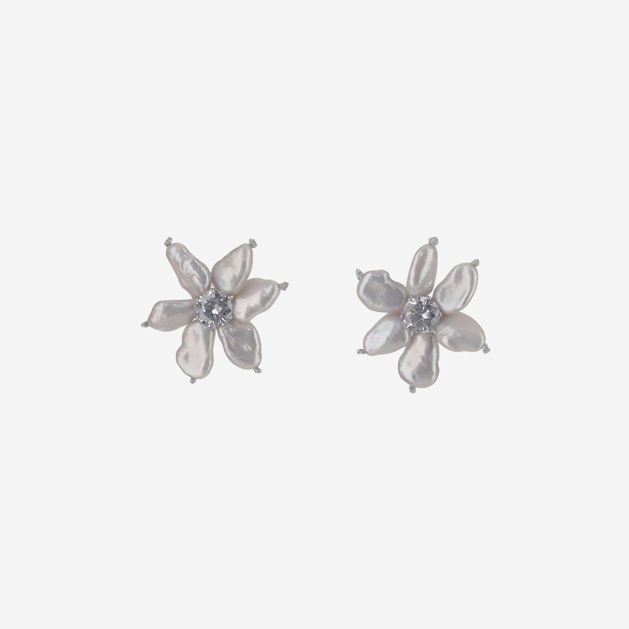 Mela Flower Motif Pearl Earrings — White by Mela