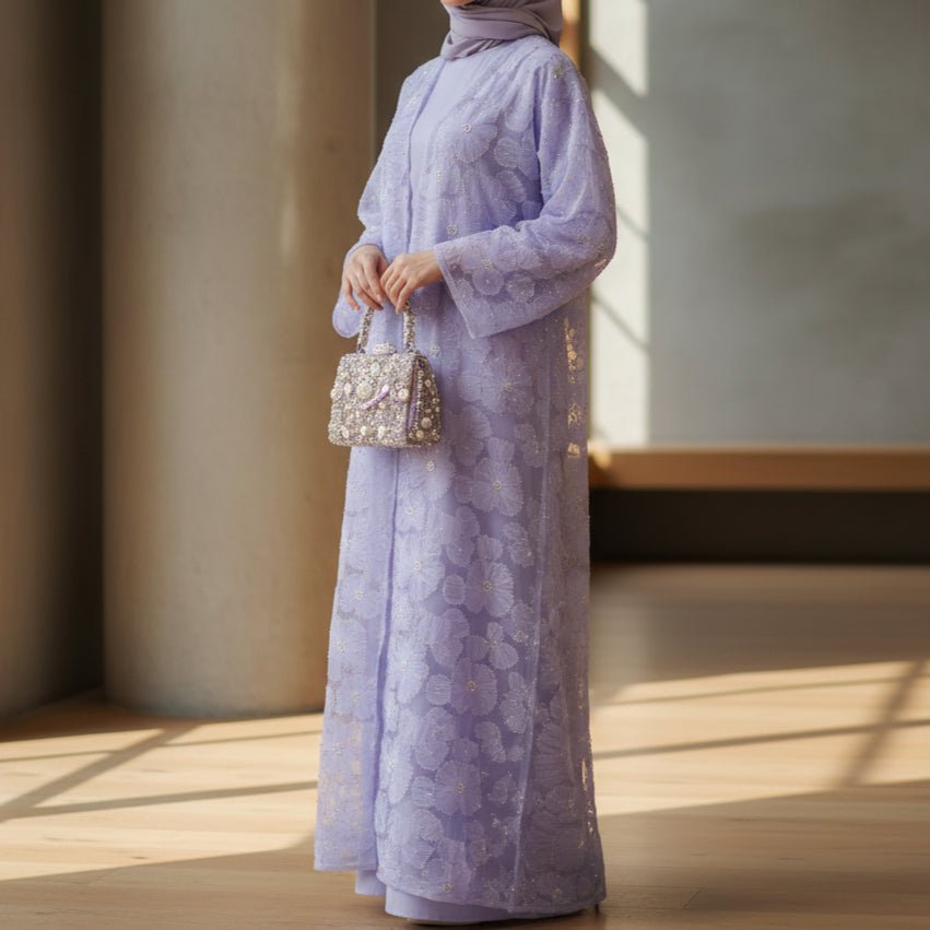 Mesh Flower Bead Open Abaya and Satin Interior Dress 2-Piece Set, view 2