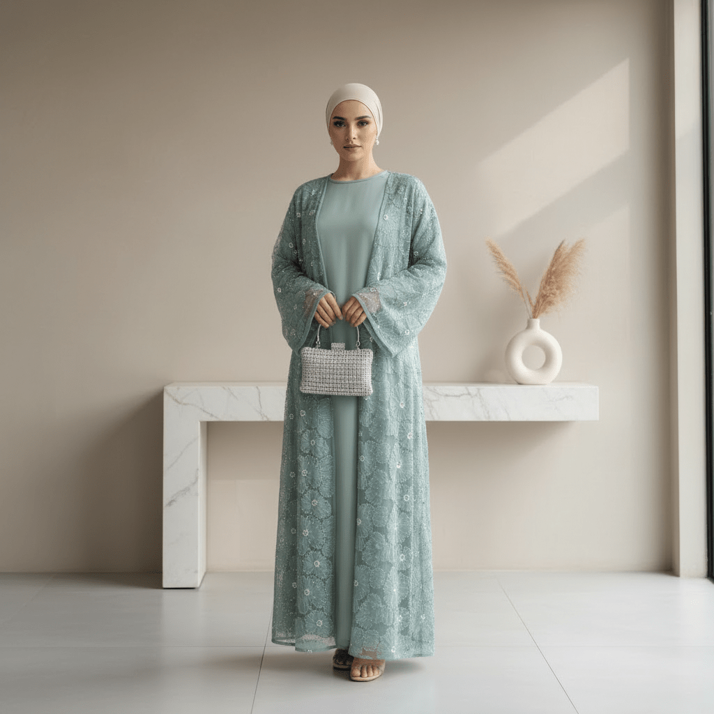 Mesh Flower Bead Open Abaya and Satin Interior Dress 2-Piece Set, view 3