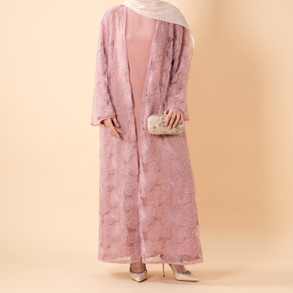 Mesh Flower Bead Open Abaya and Satin Interior Dress 2-Piece Set, view 4