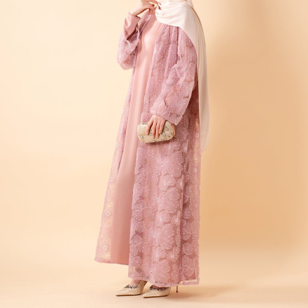 Mesh Flower Bead Open Abaya and Satin Interior Dress 2-Piece Set, view 5