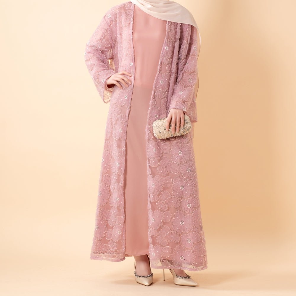 Mesh Flower Bead Open Abaya and Satin Interior Dress 2-Piece Set, view 6