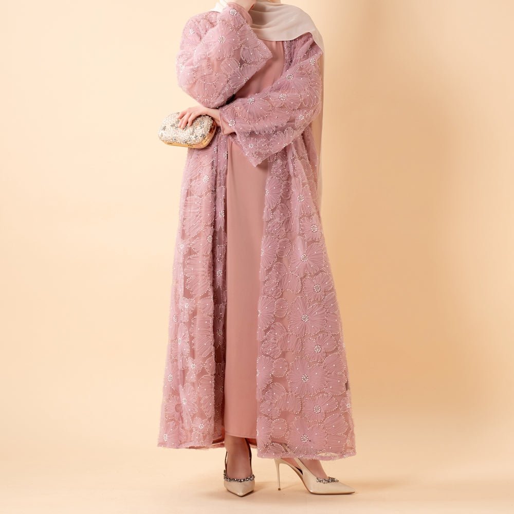 Mesh Flower Bead Open Abaya and Satin Interior Dress 2-Piece Set, view 7
