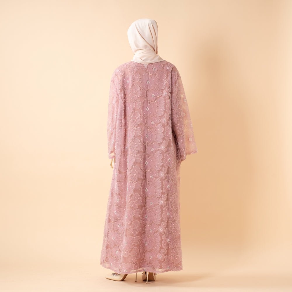 Mesh Flower Bead Open Abaya and Satin Interior Dress 2-Piece Set, view 8