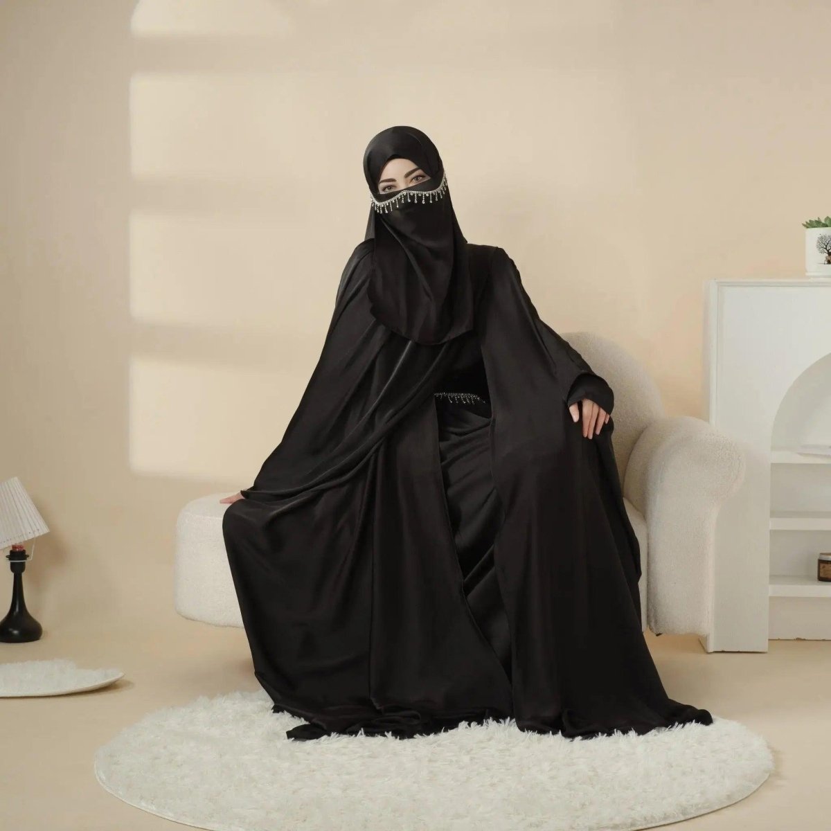 5-Piece Set Butterfly Abaya With Niqab, Loose Full Cover Satin Abaya (MOA019), view 6