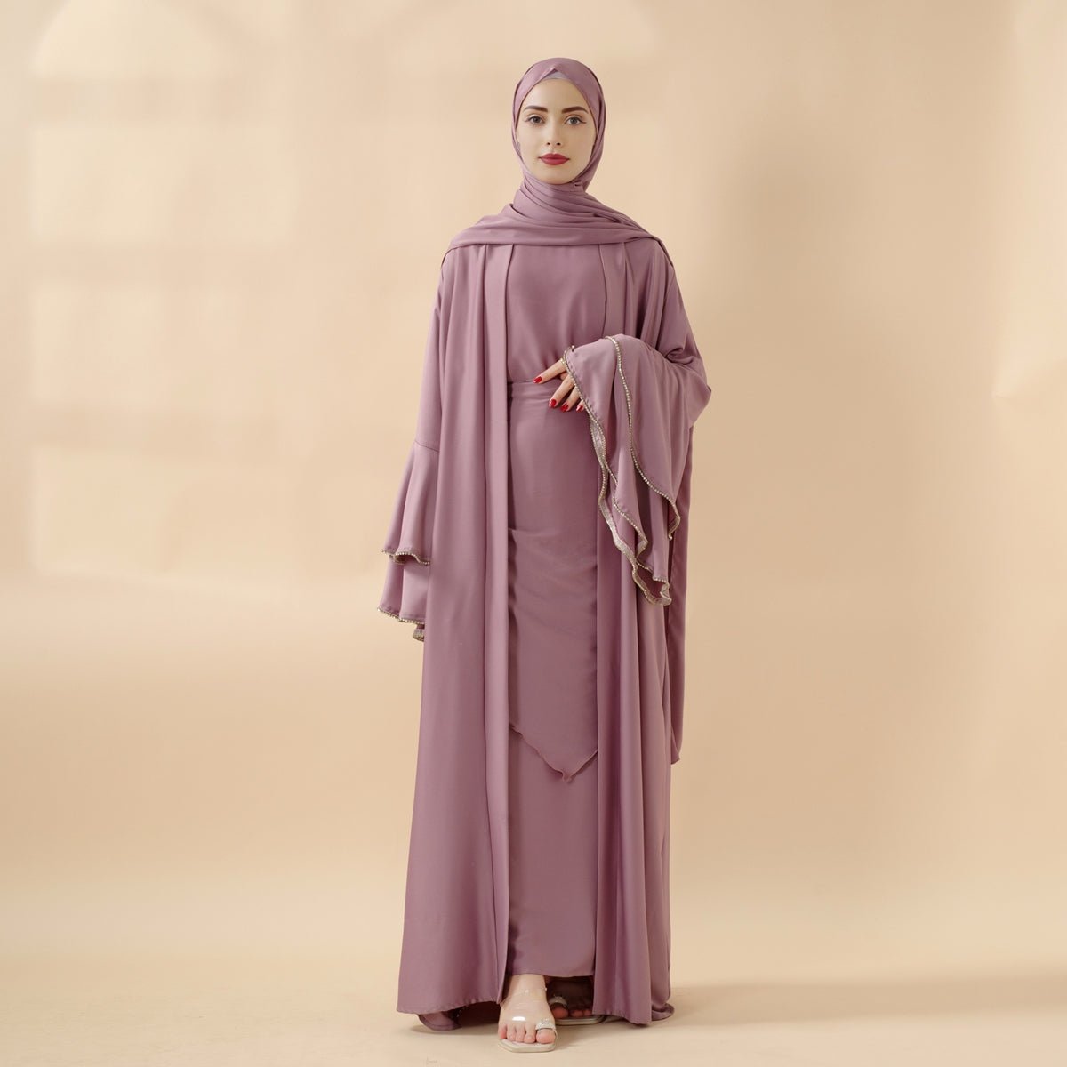 Crepe Satin Ruffle Sleeve Abaya, 5-Piece Set (MOA033) by Mariam's Collection