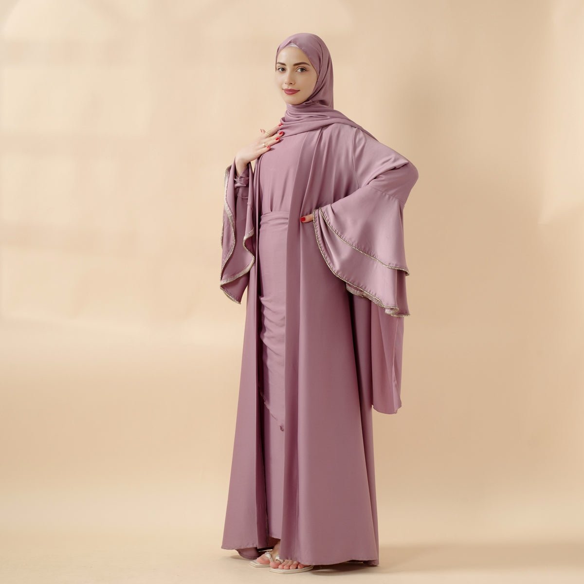 Crepe Satin Ruffle Sleeve Abaya, 5-Piece Set (MOA033), view 2