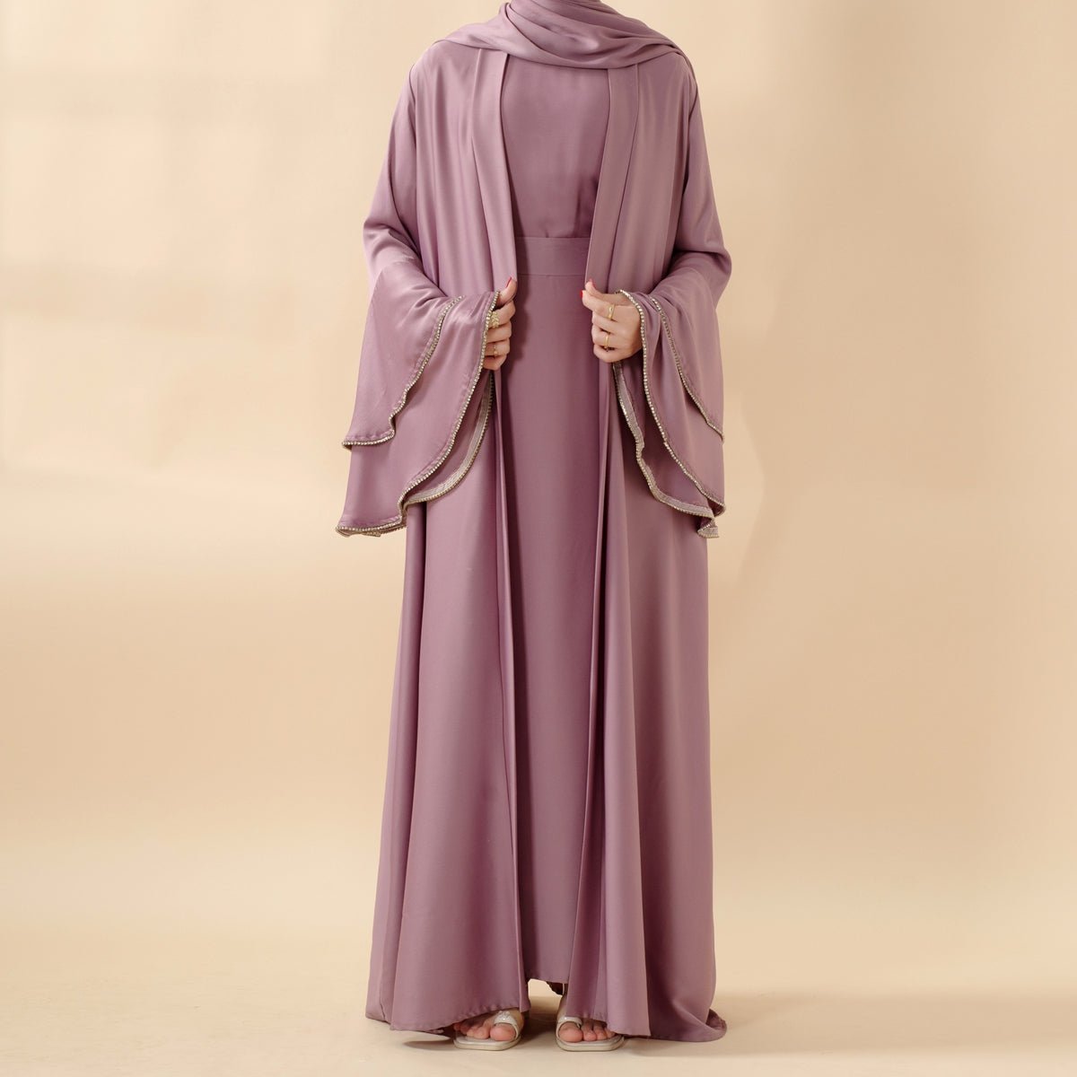 Crepe Satin Ruffle Sleeve Abaya, 5-Piece Set (MOA033), view 3